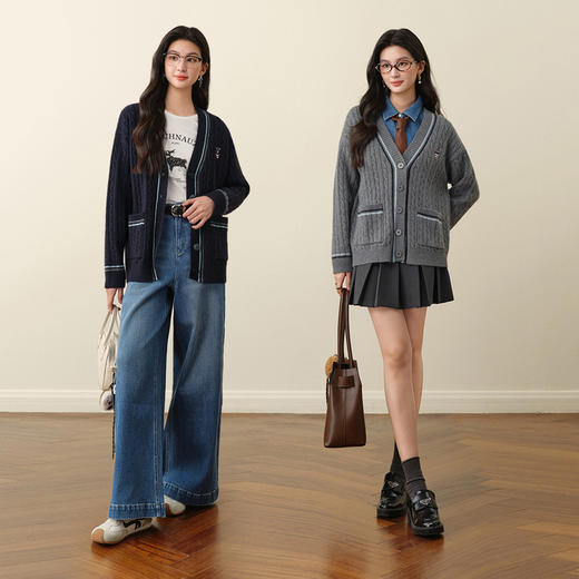 【严选】孟子义代言诗凡黎学院风V领针织开衫2025冬新款刺绣绞花毛衣外套7G9333101 商品图1