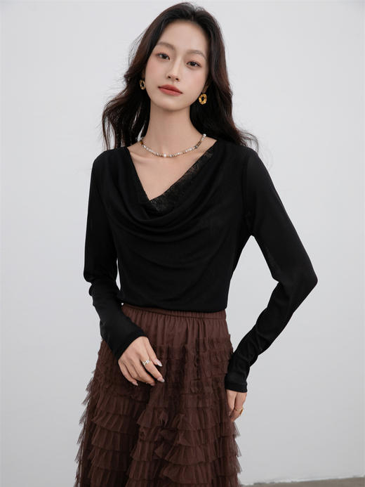 「老顾客福利早秋洋气堆堆领上衣」秋季优雅蕾丝拼接上衣2025新款显瘦长袖洋气小衫04146 商品图9