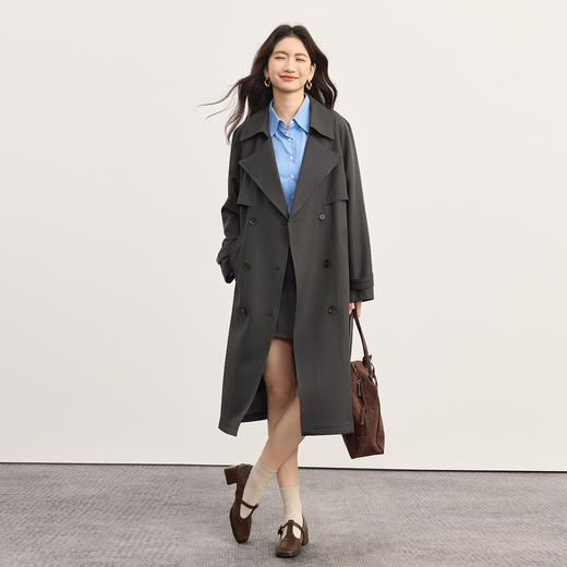 【09/26新品】熙世界经典廓形鸽灰色风衣外套女2025秋季新款英伦风长款气质大衣 商品图1