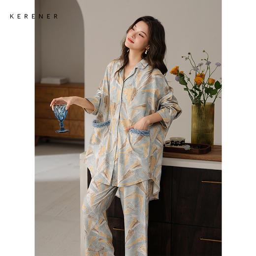 可人儿春秋季带胸垫奥力棉女士长袖长裤睡衣可外出纯棉家居服套装 商品图2