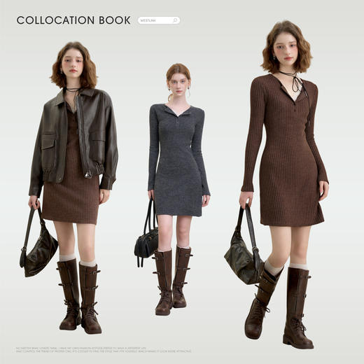 西遇纯欲蕾丝拼接V领长袖针织连衣裙女秋季修身显瘦内搭短裙V3051192 商品图1