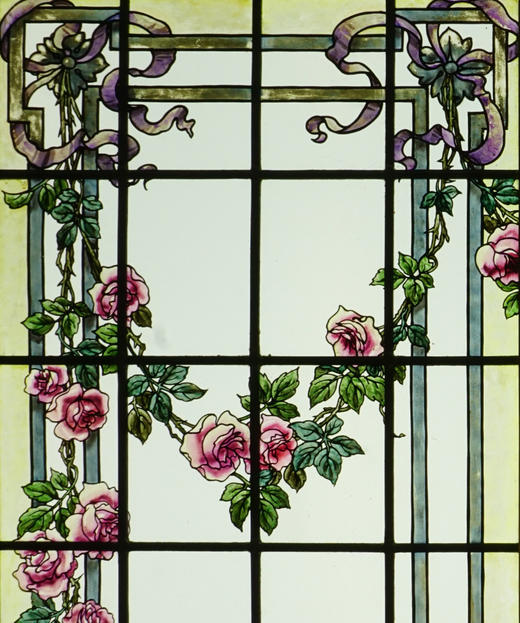 独角鹿西洋古董19世纪末20世纪初法国出品古典缎带卷叶与花卉主题彩绘玻璃花窗一对 商品图3