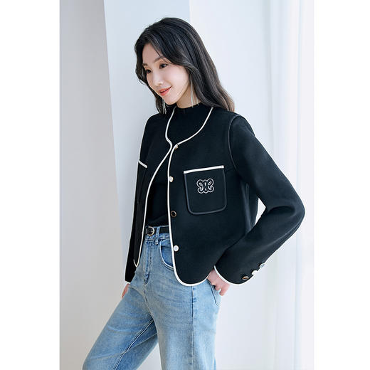 NEELLY纳俪商场同款100%绵羊毛短外套女撞色设计感时尚双面呢大衣N25094N04616 商品图1