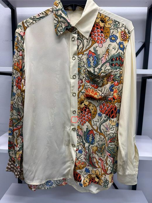 瑕疵 不退不换 BUR*E**Y/巴*莉 女士印花拼色丝绸翻领长袖衬衫 商品图2