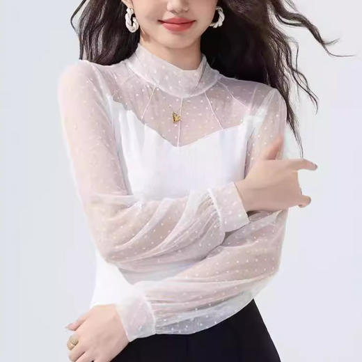 雀说蕾丝上衣女长袖新款大码女装半高领网纱内搭打底衫洋气衫AL2501 商品图4
