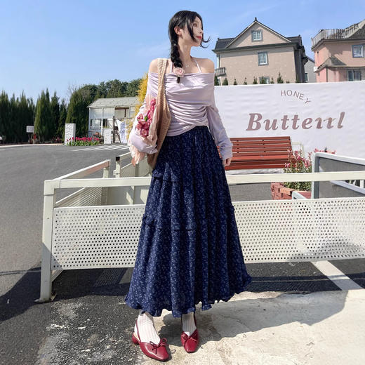 「气质款！碎花·蛋糕裙」半身裙女春秋冬新款韩式复古蓝色碎花闲慵懒风长裙子高腰a字裙 商品图2