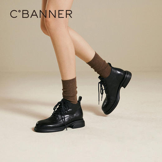 千百度粗跟手抓皮马丁靴女美拉德保暖真皮洋气短靴子A25568315 商品图0