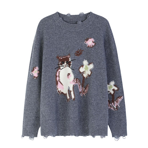 NEELLY纳俪商场同款秋季新款百搭减龄针织衫女设计感卡通印花上衣N25094A04624 商品图3