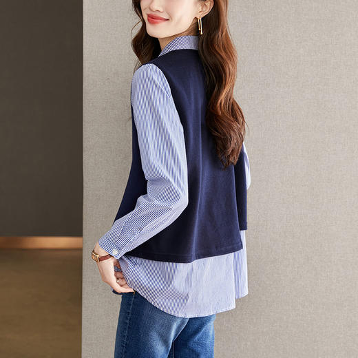 雀说拼接假两件条纹衬衫女长袖新款宽松显瘦文艺气质上衣AL29083 商品图3