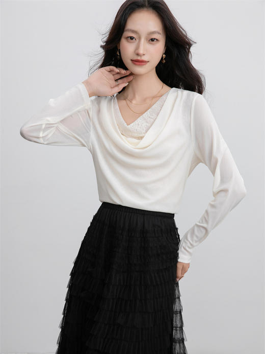 「老顾客福利早秋洋气堆堆领上衣」秋季优雅蕾丝拼接上衣2025新款显瘦长袖洋气小衫04146 商品图2