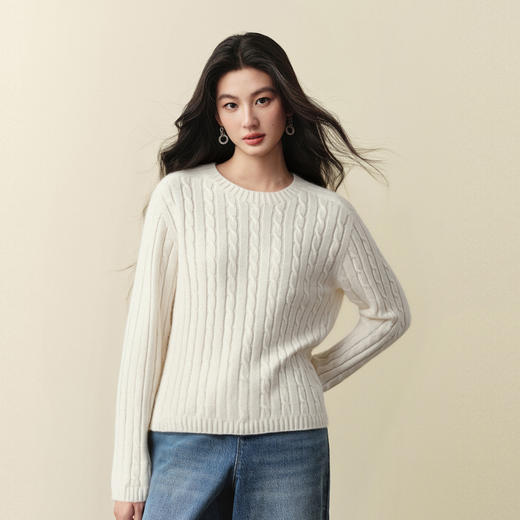【严选】诗凡黎圆领基础绞花套头针织衫2025秋冬新款简约休闲舒适内搭毛衣7G9433291 商品图2