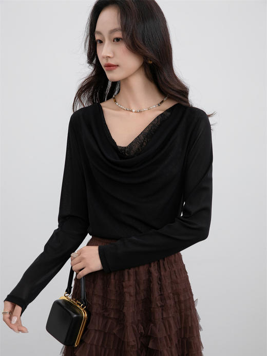 「老顾客福利早秋洋气堆堆领上衣」秋季优雅蕾丝拼接上衣2025新款显瘦长袖洋气小衫04146 商品图11