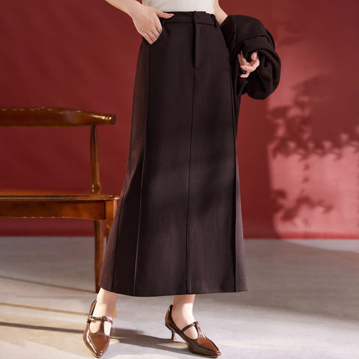 QS羊毛梭织半身裙女中长款A字裙显瘦气质秋冬新款高腰一步裙1327 商品图2