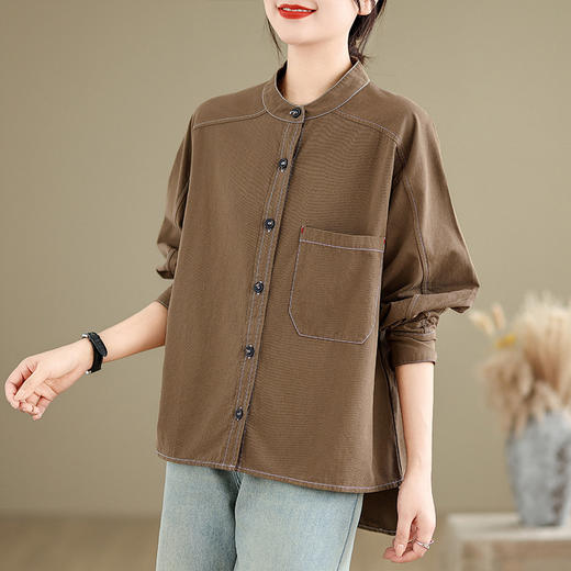 百媚生 春秋复古斜纹女棉长袖衬衫女纯色文艺休闲立领开衫2412 商品图2