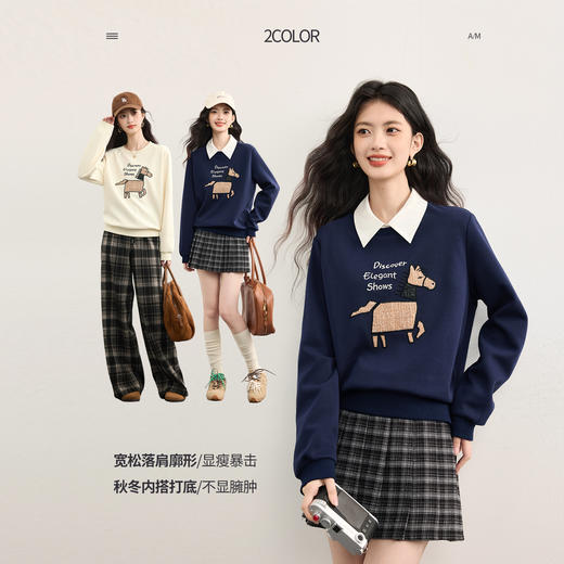 【09/26新品】熙世界美式慵懒chic刺绣卫衣女秋季2025新款个性时尚套头圆领上衣 商品图1