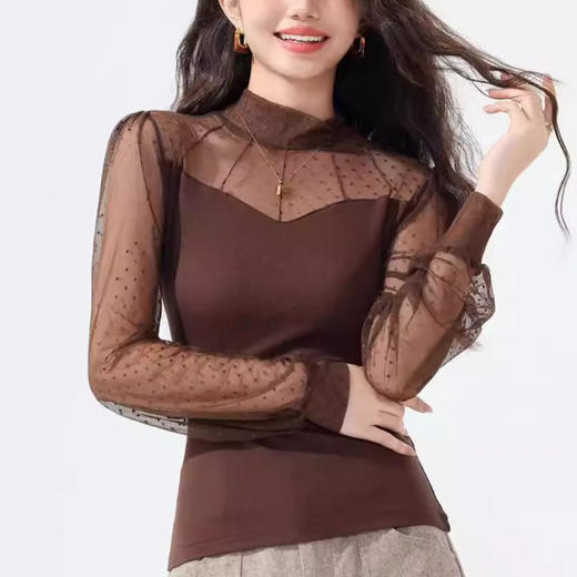 雀说蕾丝上衣女长袖新款大码女装半高领网纱内搭打底衫洋气衫AL2501 商品图3