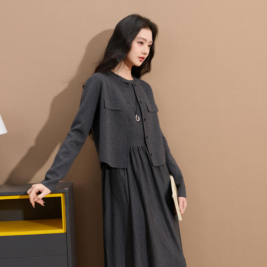 三彩2025冬季新款长袖针织衫套装开衫背心裙连衣裙长裙两件套S 商品图1