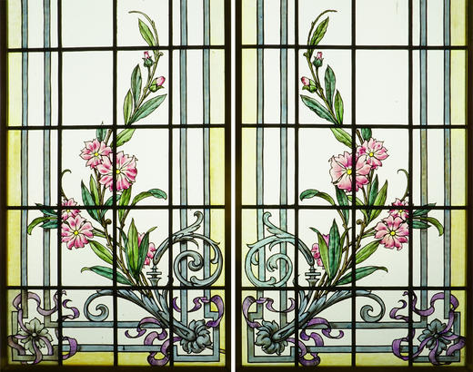 独角鹿西洋古董19世纪末20世纪初法国出品古典缎带卷叶与花卉主题彩绘玻璃花窗一对 商品图2