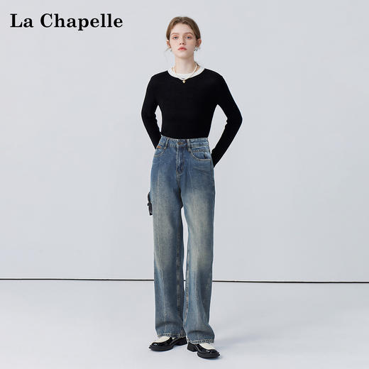 会员福利【雅赛尔+高棉】拉夏贝尔/La Chapelle字母皮标牛仔裤女高腰水洗宽松垂感休闲百搭直筒长裤秋季 商品图2