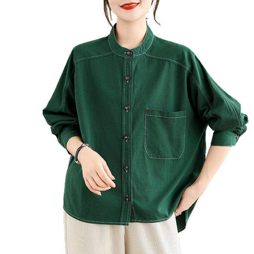 百媚生 春秋复古斜纹女棉长袖衬衫女纯色文艺休闲立领开衫2412 商品图4