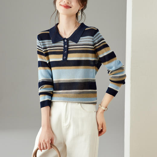 SC35-25161-168 2025秋冬新款翻领撞色条纹针织衫女薄衬衫领宽松线衣外穿女打底衫 商品图1