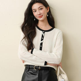 【严选】诗凡黎全羊毛蝴蝶结撞色花边针织衫2025秋冬新款韩系镂空长袖上衣7G9333091