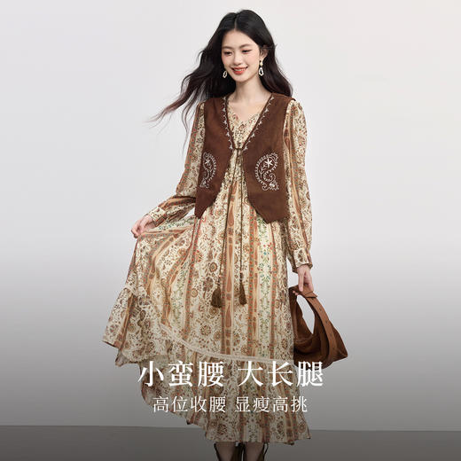 【09/26新品】熙世界「游牧曲线裙」波西米亚度假风复古印花V领连衣裙秋季女装 商品图1