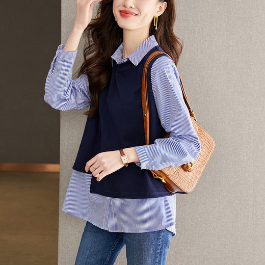 雀说拼接假两件条纹衬衫女长袖新款宽松显瘦文艺气质上衣AL29083 商品图1