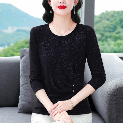 KQL 765G399洋气小圆领棉料长袖t恤修身纯色打底衫 商品图2