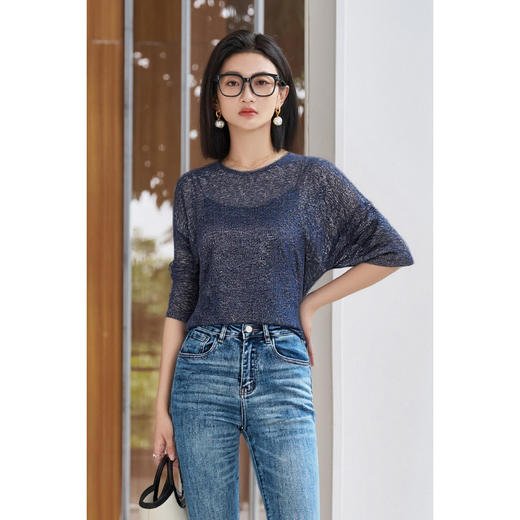 剩S/M 米思阳2026春季新款细闪金葱设计感小衫轻薄通透弹力圆领正肩上衣女3433 商品图1