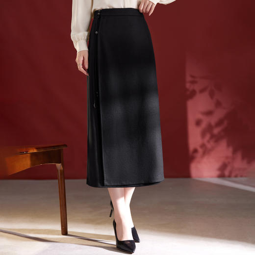 QS100绵羊毛半身裙秋冬新款日常显瘦高腰系带设计感一步裙女1811 商品图0