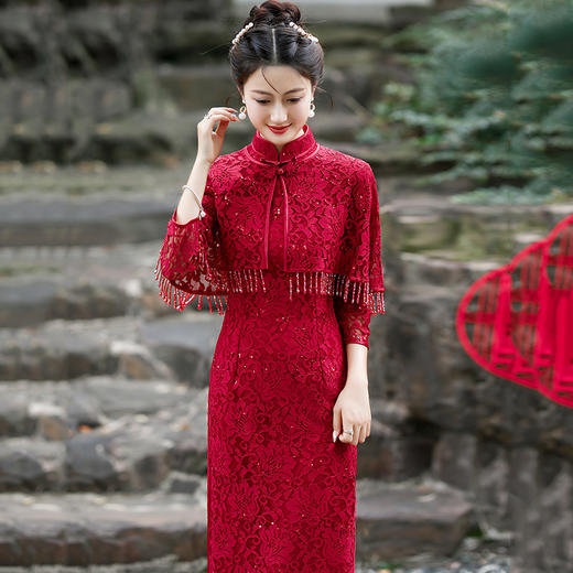 春秋红色国风中式长袖改良旗袍，出嫁外嫁回娘家SC17740 商品图2