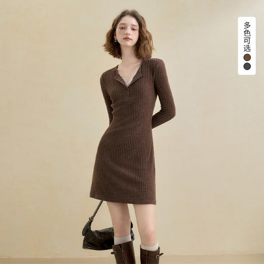 西遇纯欲蕾丝拼接V领长袖针织连衣裙女秋季修身显瘦内搭短裙V3051192 商品图0