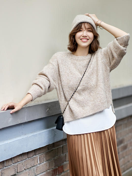 23区日系春季通勤羊驼毛羊毛混纺圆领套头毛衣针织毛衫商场同款 商品图0