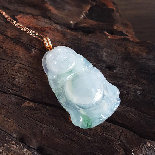 【天然正品】A货翡翠AU750黄金镶天然细腻冰种飘蓝花佛公翡翠吊坠项链链长：45CM（长度可调节）女士060925NJS18现售价：3280 商品图2