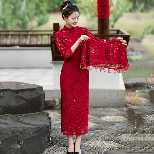 春秋红色国风中式长袖改良旗袍，出嫁外嫁回娘家SC17740 商品图3