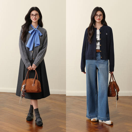 【严选】诗凡黎刺绣绞花羊毛针织衫2025秋新款慵懒温柔软糯小麻花毛衣外套7G9132951 商品图1