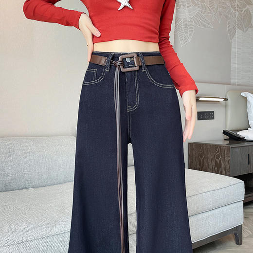 雀说黑金蓝阔腿牛仔裤女高腰宽松高级感慵懒风腰带喇叭裤AL8096 商品图2