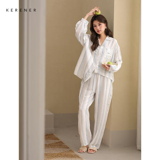 可人儿春秋季带胸垫泡泡绵女士长袖长裤睡衣可外出小众家居服套装 商品图3