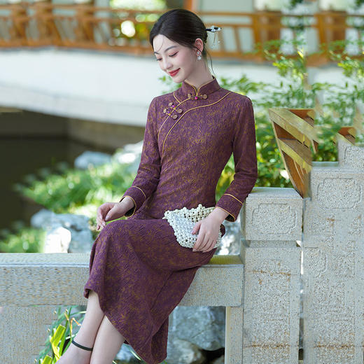 SC22148 2025年秋季紫色新品改良旗袍长款年轻妈妈装日常广场舞连衣裙 商品图1