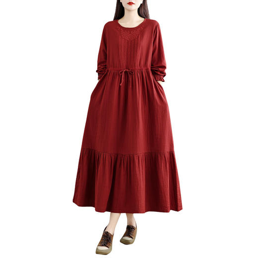 GYH 6241文艺风纯色双层纱刺绣宽松加长气质法式优雅连衣裙 商品图4