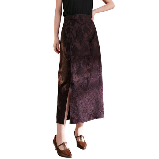 QS丝毛提花时尚半身裙女2025秋季新品国风复古开叉包臀中长裙1891 商品图4