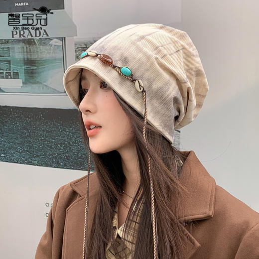 「秋冬新款！波西米亚风」韩版帽子女大头围显脸小冷帽复古堆堆帽护耳保暖包头帽配饰 商品图0