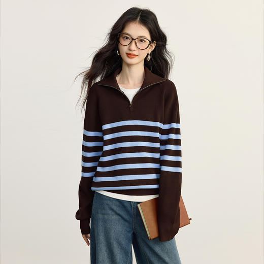 【09/26新品】熙世界高捻云柔纱拉链polo领条纹针织衫女秋季长袖美拉蓝撞色毛衣 商品图3