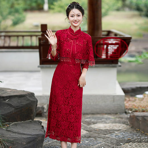 春秋红色国风中式长袖改良旗袍，出嫁外嫁回娘家SC17740 商品图1