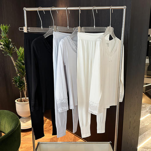 官网599！S家秋冬棉质高弹蕾丝V领保暖内衣套装 轻薄一体无缝打底秋衣秋裤女 商品图3