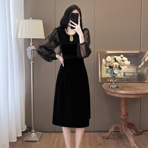 雀说时尚钉珠重工名媛风拼接亮片流苏丝绒连衣裙AL310 商品图3