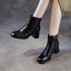 ZM 258688粗跟轻奢羊皮短靴软底真皮方头气质显瘦加绒靴