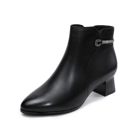 ZM 258687靴子时装靴加绒真皮尖头短靴粗高跟水钻皮靴 商品图4