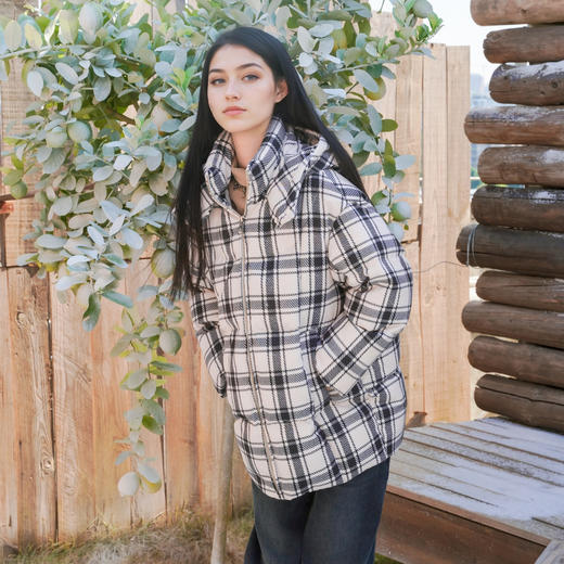 谜底连帽格子羽绒服女2025冬款复古宽松加厚鸭绒面包服257MY8802 商品图1